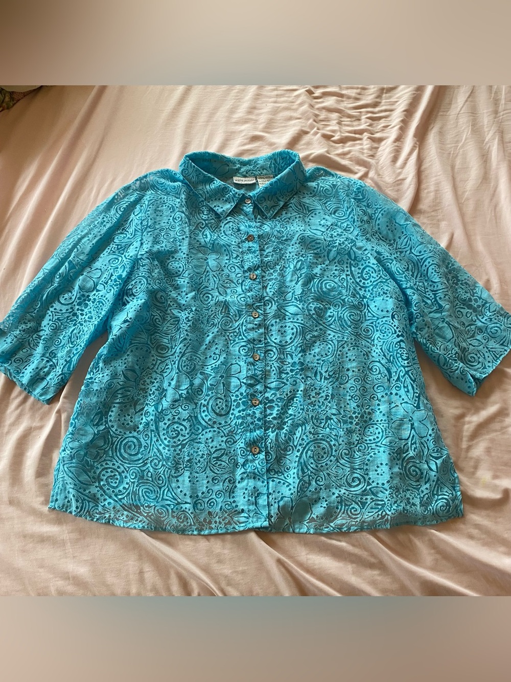 Vintage White Stag Plus Sized Blue Paisley Semi-Sheer Lace Button Up Blouse